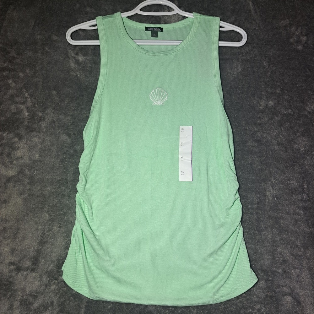 Wild Fable Mint Green Seashell Embroidered Ribbed Ruched Tank Top XL Mermaidcore